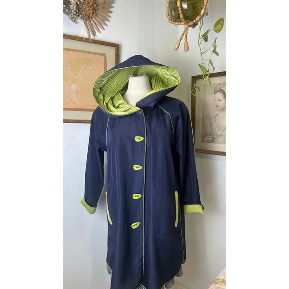 VTG Reversible Coat Navy Green Oversized Hooded Raincoat Classic Outwear Jacket - Picture 3 of 10